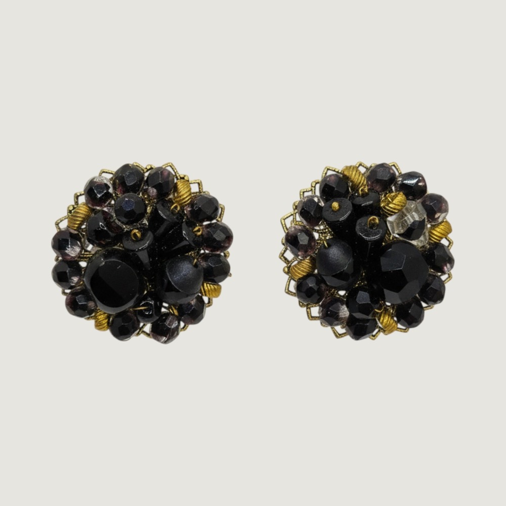 Vintage Black Crystal Glass Bead Cluster Clip On Earrings Regency Glam Cocktail